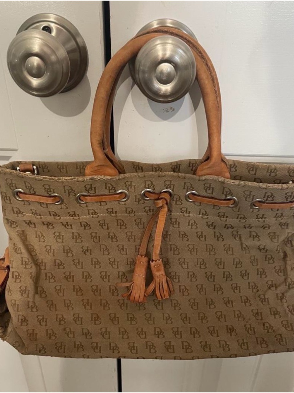 Dooney & Bourke Brown Monogram Canvas Tote with Tan Leather Trim